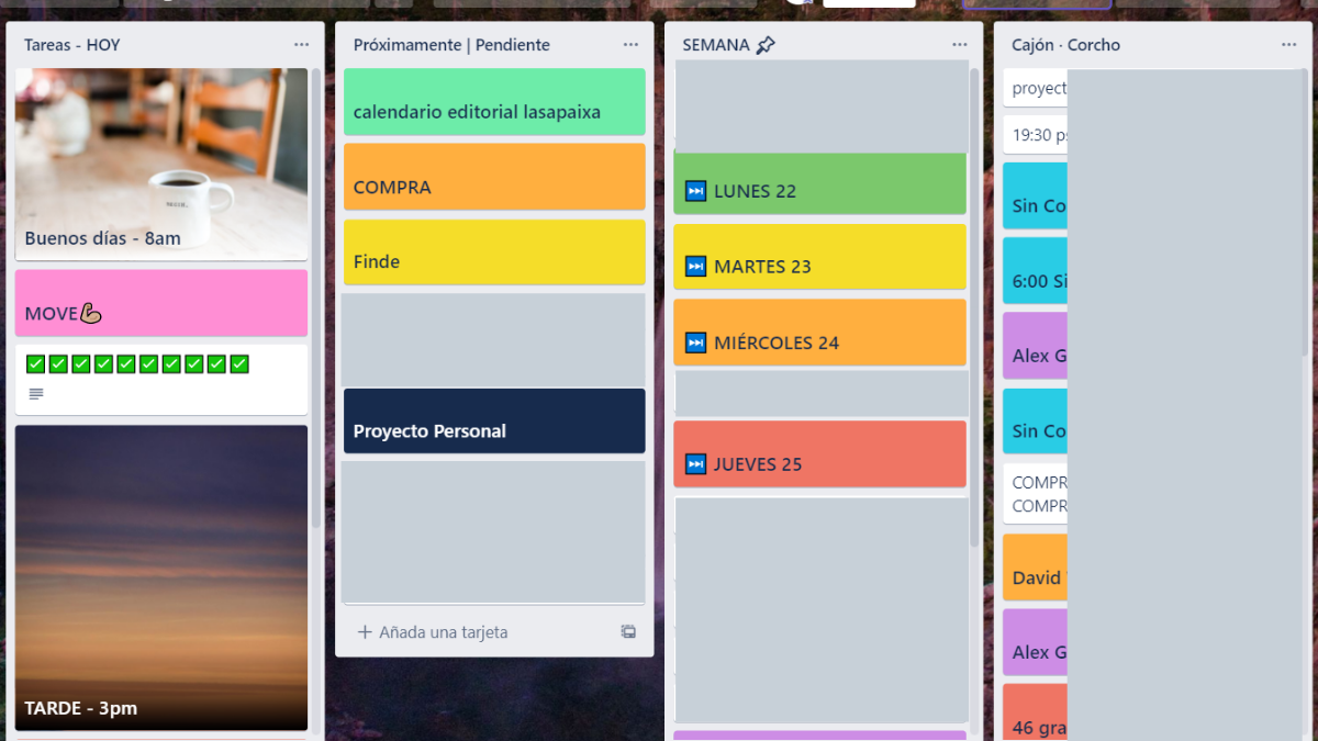 Tablero personal de Trello con columnas de tareas por día y prioridad