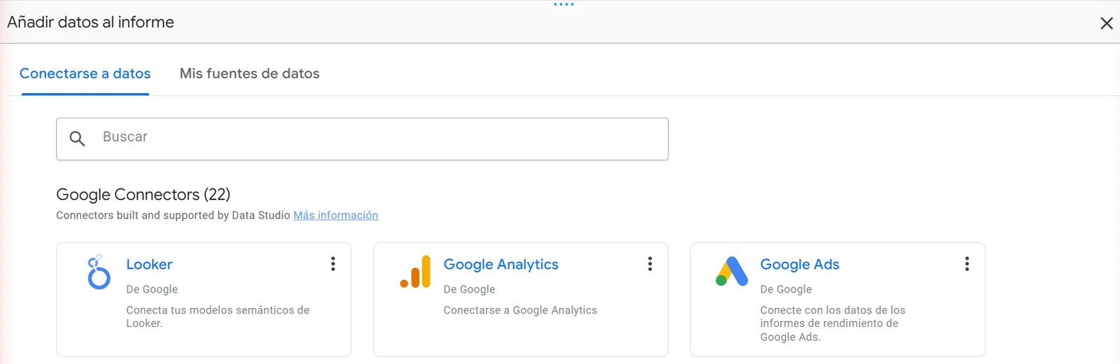 Panel Añadir datos al informe de Data Studio, pestaña Conectarse a datos, con el buscador y los primeros conectores de Google: Looker, Google Analytics y Google Ads