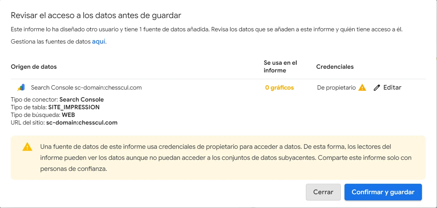 Diálogo Revisar el acceso a los datos antes de guardar, con la fuente de Search Console de chesscul.com usando credenciales de propietario y un aviso de que los lectores verán los datos aunque no tengan acceso a Search Console