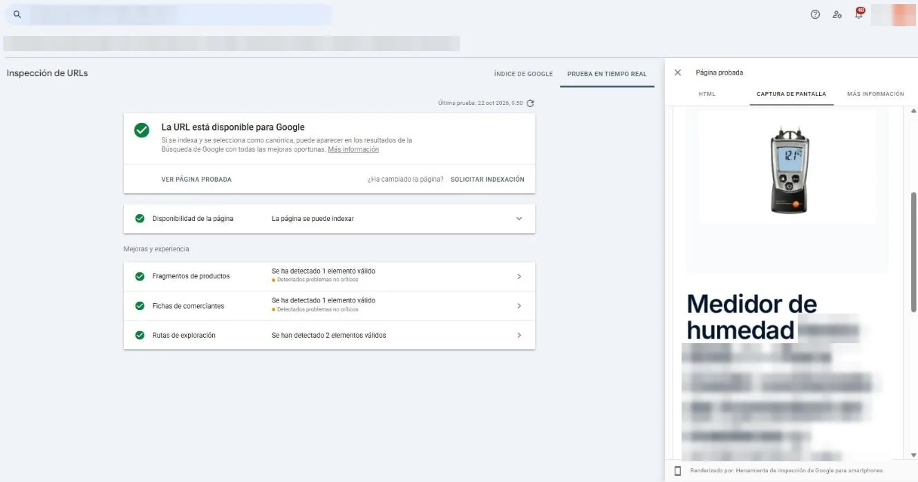Inspección de URLs de Search Console con la prueba en tiempo real del 22 de octubre de 2026: la captura de Google ya muestra la foto del producto y el H1 de la ficha