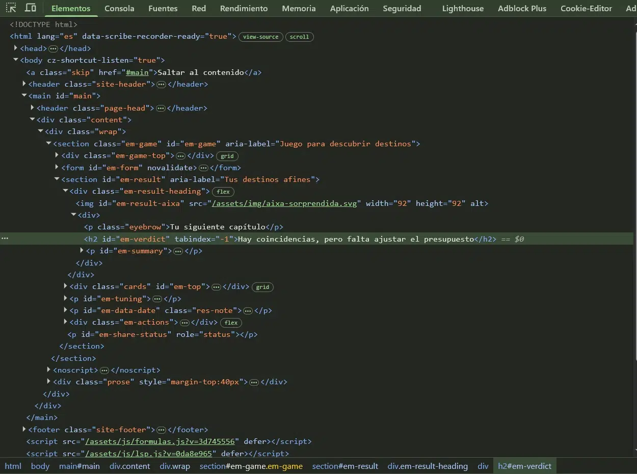 Panel Elementos de Chrome DevTools con la sección em-result ya sin el atributo hidden y el h2 em-verdict con el texto «Hay coincidencias, pero falta ajustar el presupuesto» seleccionado