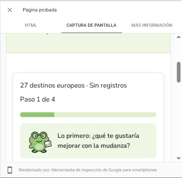Captura de pantalla de la Prueba de resultados enriquecidos renderizada con el rastreador para smartphones: el juego aparece en el paso 1 de 4, sin resultado