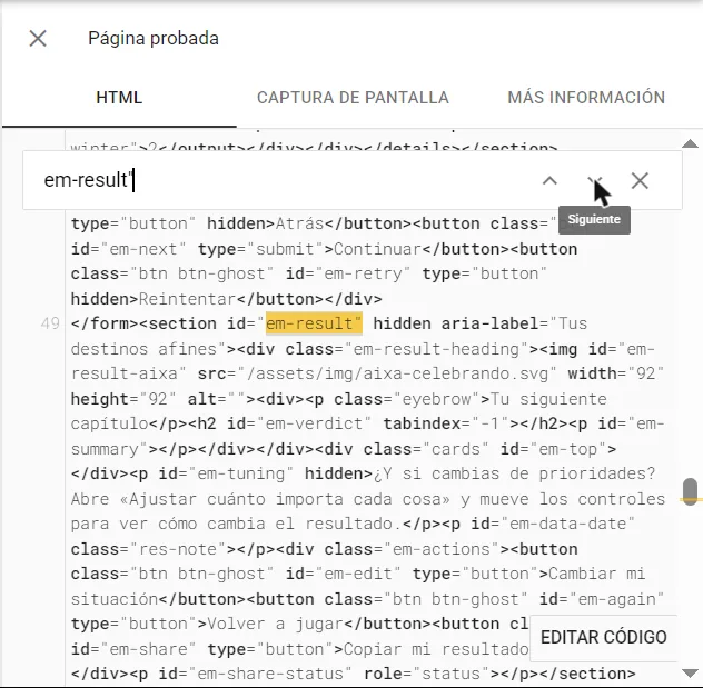 Pestaña HTML de la Prueba de resultados enriquecidos con la búsqueda em-result: la sección sigue con el atributo hidden y el h2 em-verdict, el resumen y las tarjetas están vacíos