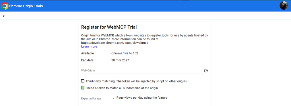 Formulario de registro del origin trial de WebMCP en Chrome Origin Trials, disponible de Chrome 149 a 162, con la casilla Third-party matching sin marcar