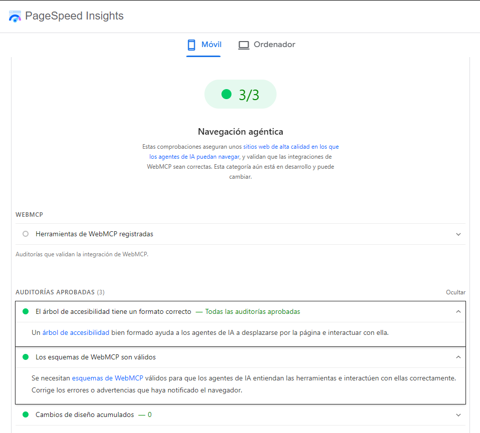 Informe de PageSpeed Insights de aliciaruiz.es: 3 de 3 en Navegación agéntica, con las auditorías de árbol de accesibilidad, esquemas de WebMCP válidos y cambios de diseño acumulados aprobadas