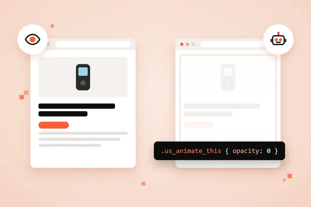 Ilustración de una ficha de producto completa para el usuario y vacía para Googlebot por la regla CSS opacity: 0