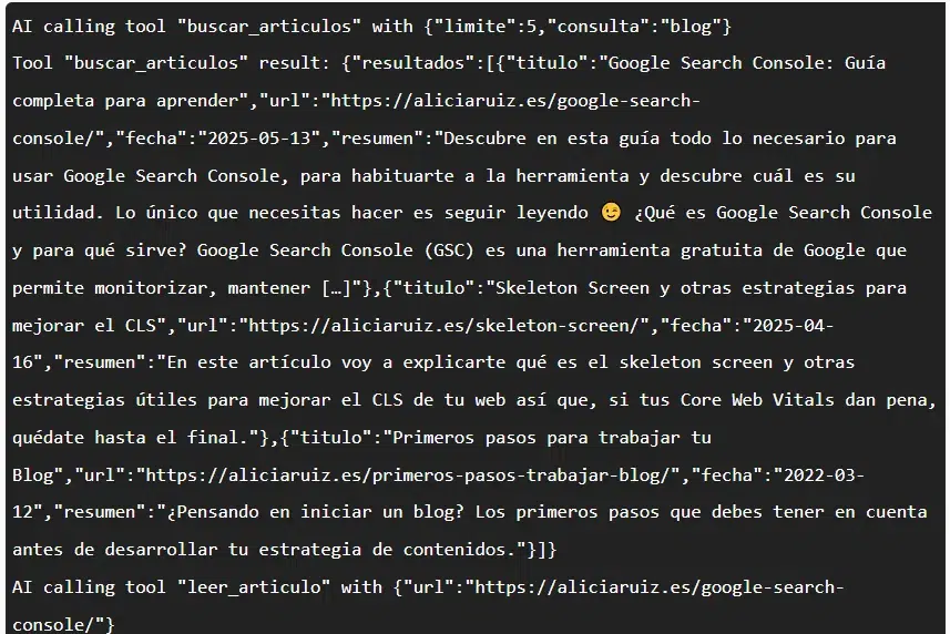 Registro del agente en Model Context Tool Inspector: llama a buscar_articulos, recibe la lista de artículos del blog y después llama a leer_articulo con la URL de la guía de Google Search Console