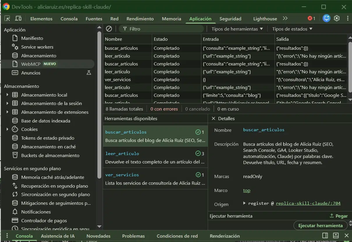 Panel WebMCP de Chrome DevTools en aliciaruiz.es con el registro de llamadas a buscar_articulos, leer_articulo y ver_servicios, la lista de herramientas disponibles y los detalles de buscar_articulos